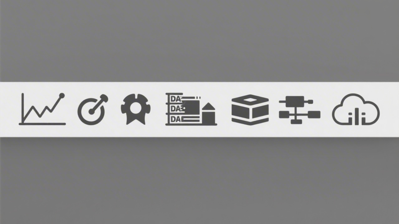 Horizontal strip with simplified monochrome icons representing analytics tools, data warehouses, and cloud infrastructure, styled in a clean and neutral corporate visual