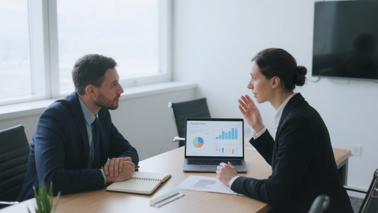 Business consultation in a meeting room with two people discussing analytics objectives, notebook and laptop open with charts, calm and professional setting