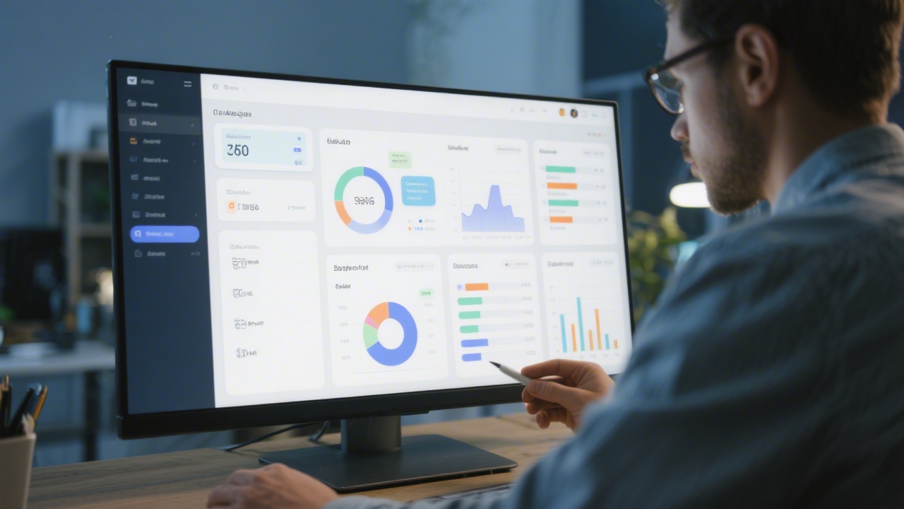 Designer creating a data dashboard layout with cards, charts and filters on a large monitor, focusing on clarity and business usability