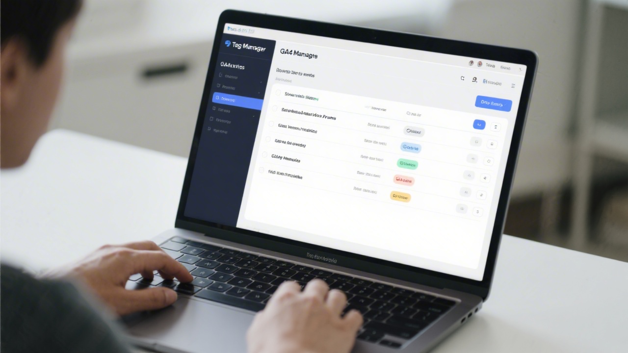 Developer configuring GA4 events on a laptop with a tag manager interface, showing structured event names and conversion setup in a clean workspace