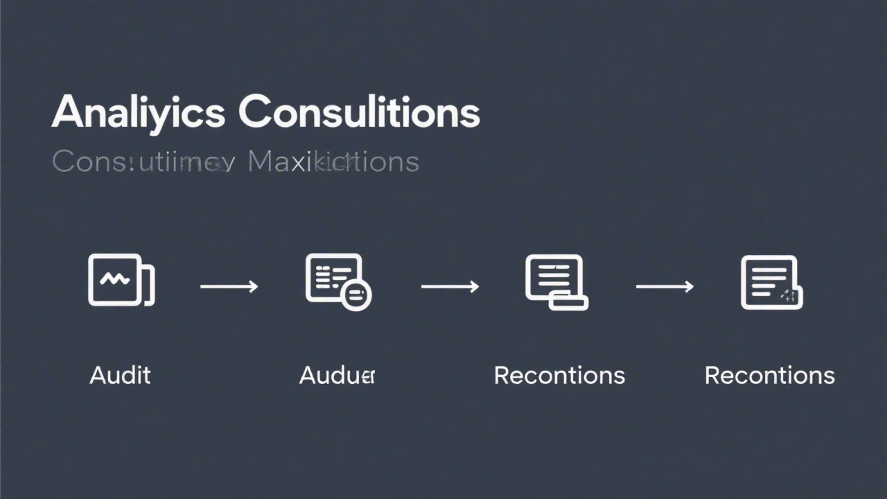 Simple process flow diagram showing four stages from audit to recommendations, with icons and clear labels, designed in a modern business style for analytics consulting