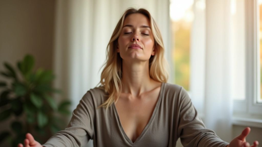 Žena sedící klidně s zavřenýma očima, meditativní poloha, přirozené světlo oknem, klidný interiér