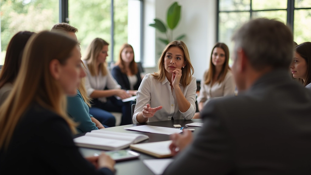 Skupinový workshop s účastníky diskutujícími o komunikačních strategiích, interaktivní učení, podpora